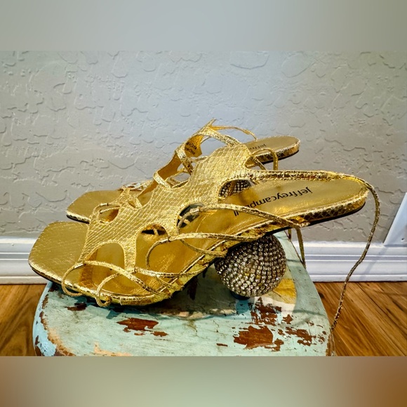 Jeffrey Campbell Le Freak Gold Metallic Tie up Sandal with Rhinestone Heel 6.5 - Picture 9 of 16